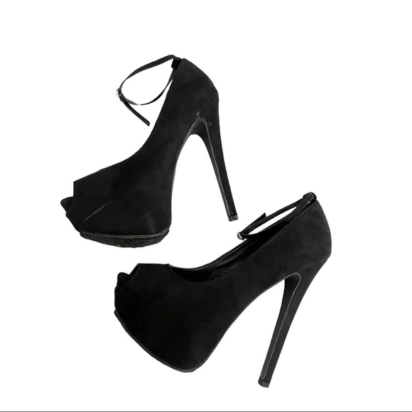 Black Ankle Strap Open Toe Heels - Picture 3 of 8